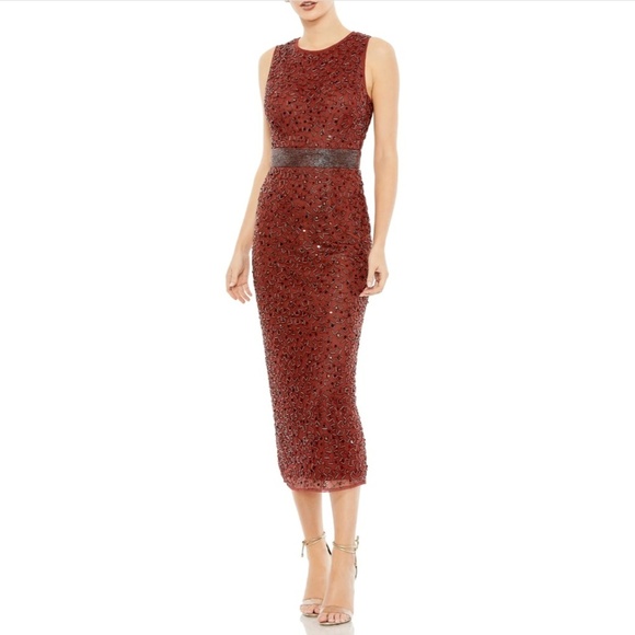 NEW $398 Mac Duggal [ 10 ] Geometric Beaded Midi Cocktail Dress in Brick‎ - Picture 13 of 14